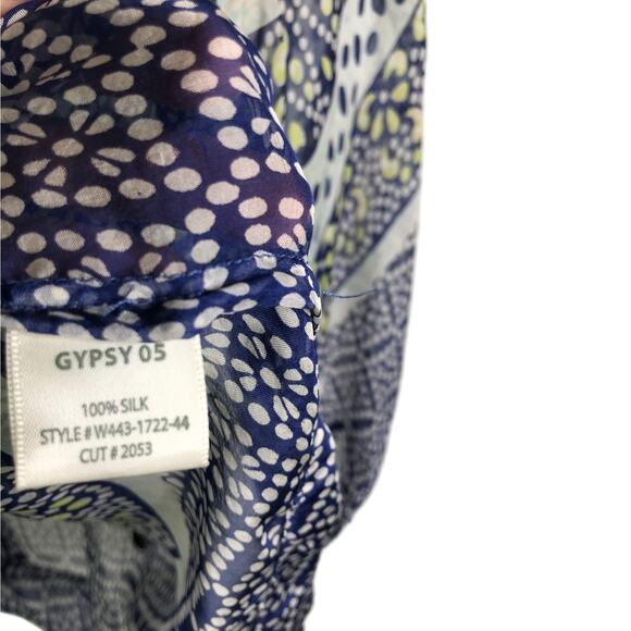 Gypsy 05 Top Blouse Womens L Blue Cream Dots 100% Silk Boho Long Sleeve - Picture 6 of 7